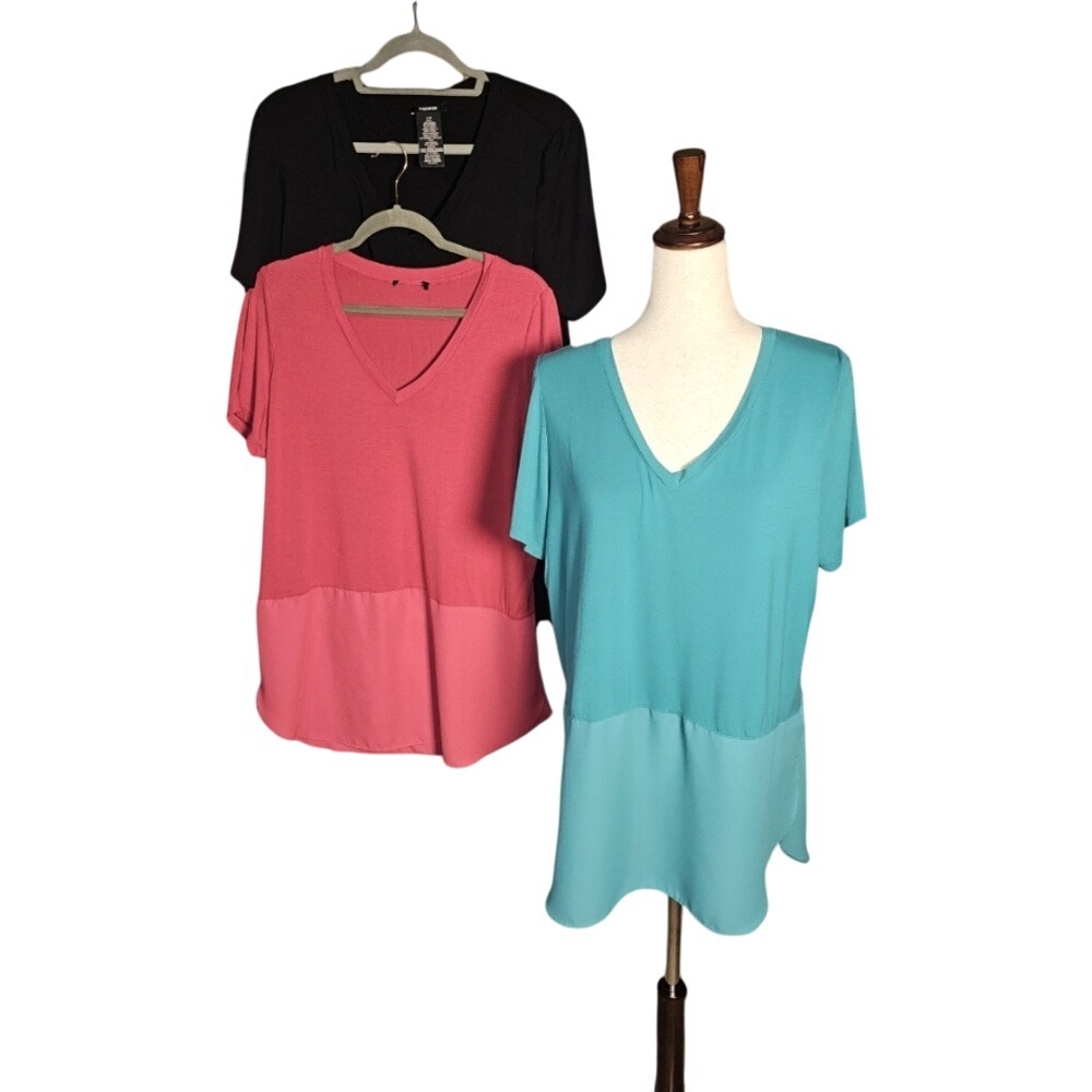 PREMISE Womens LG V Neck Short Sleeve Colorblock Tunic Blouse Teal Pink Black